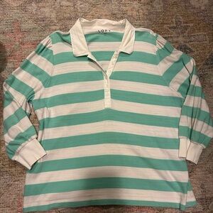LOFT Green and White Striped Polo Shirt